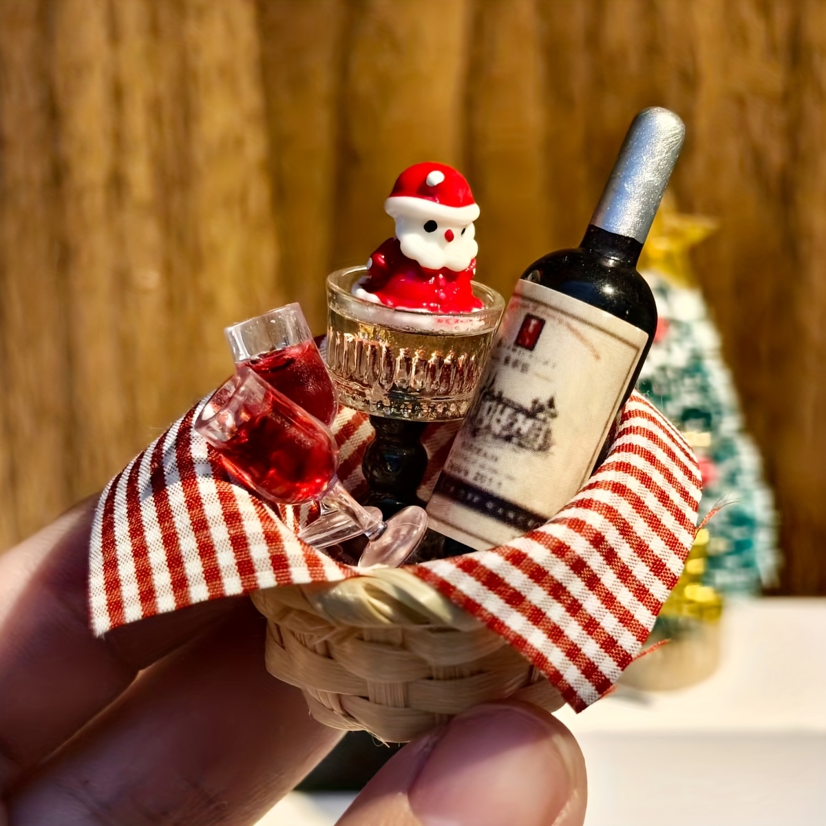 Dollhouse Furniture Set - 1/12 Scale Miniature Christmas Wine Basket